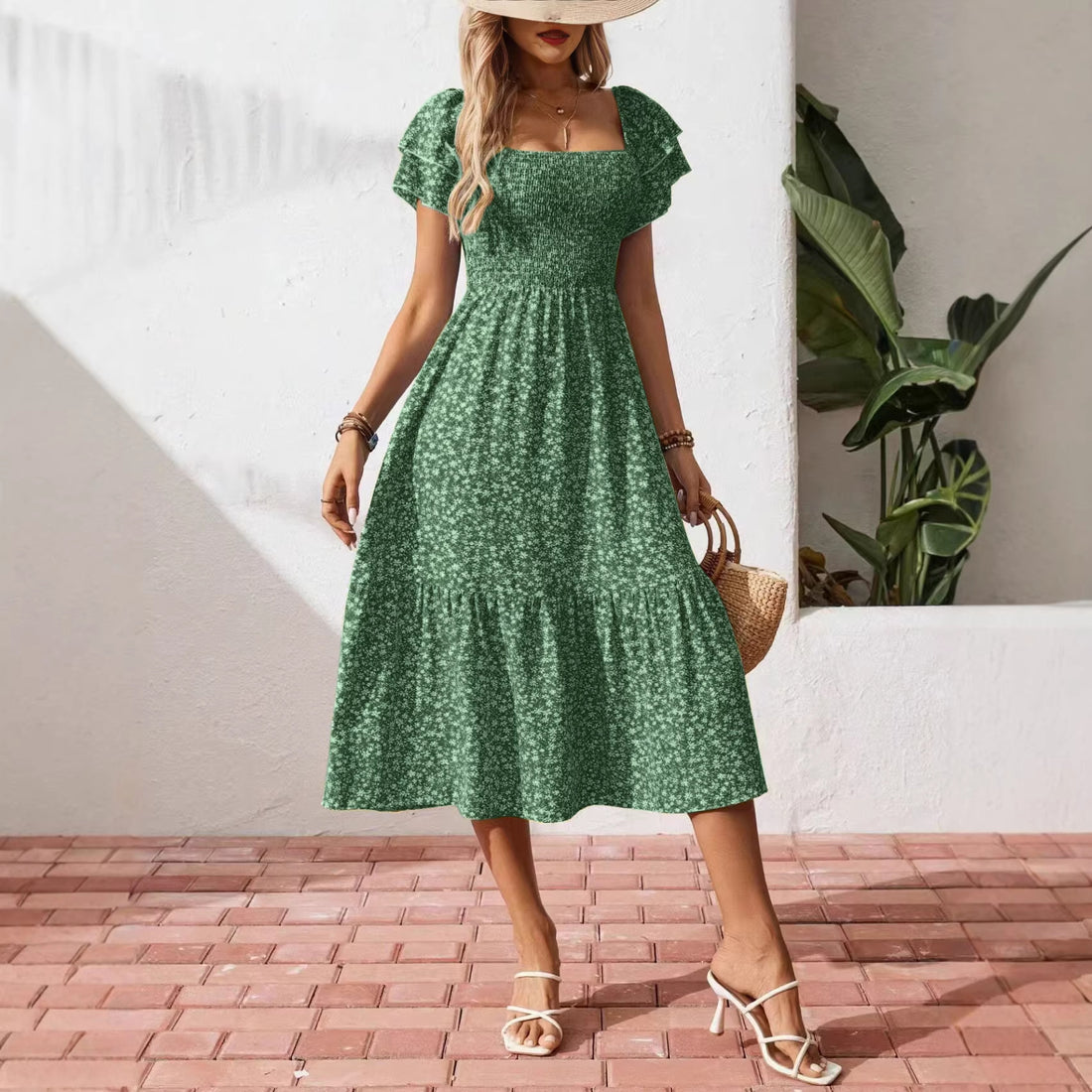 New European And American-style Square-neck Puffed-sleeve Floral-print Dress