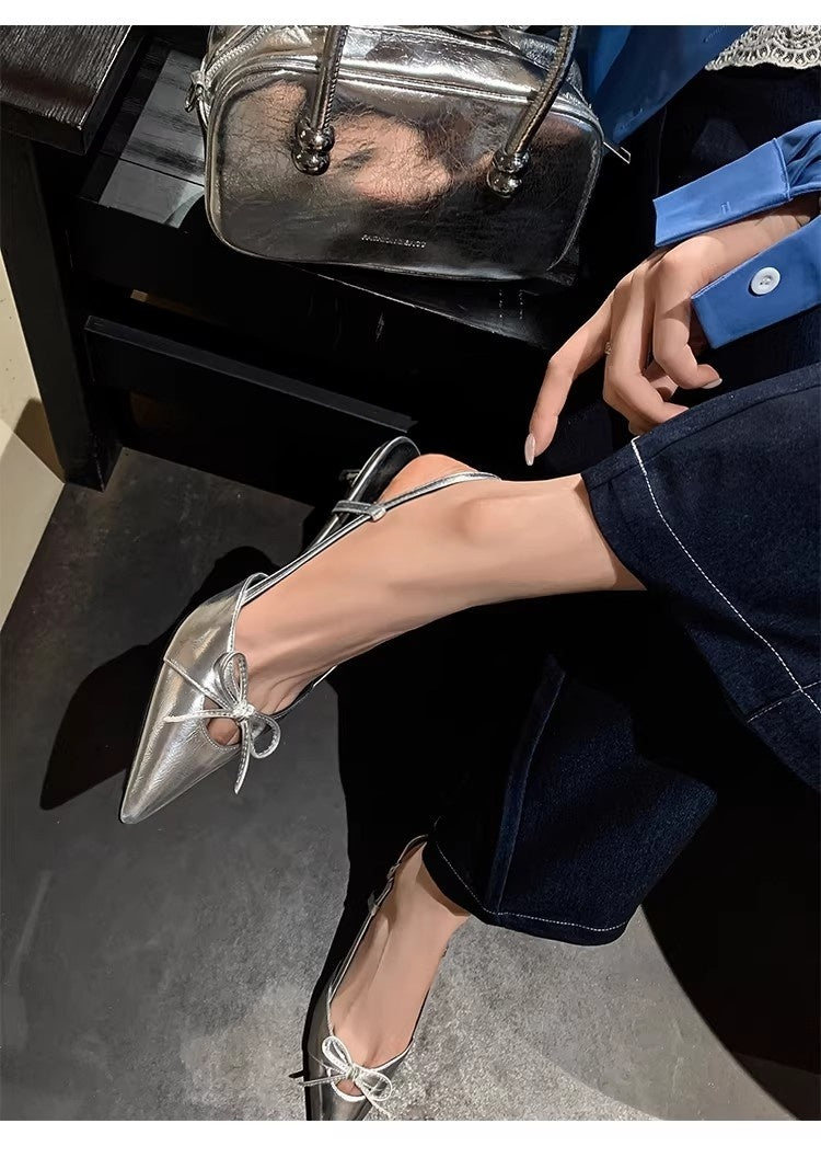 Women's Silver Pointed Toe Bow Slingback Pumps, 2024 Summer New Arrival, Closed Toe Low High Stiletto Heel Sandals